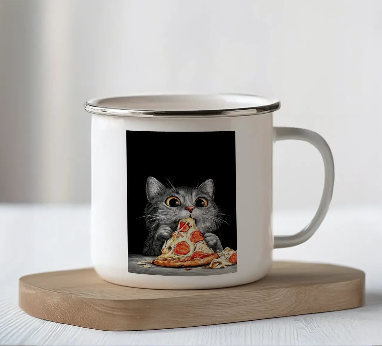 Cat Eats Pizza tazza in smalto da Fleur de Lys