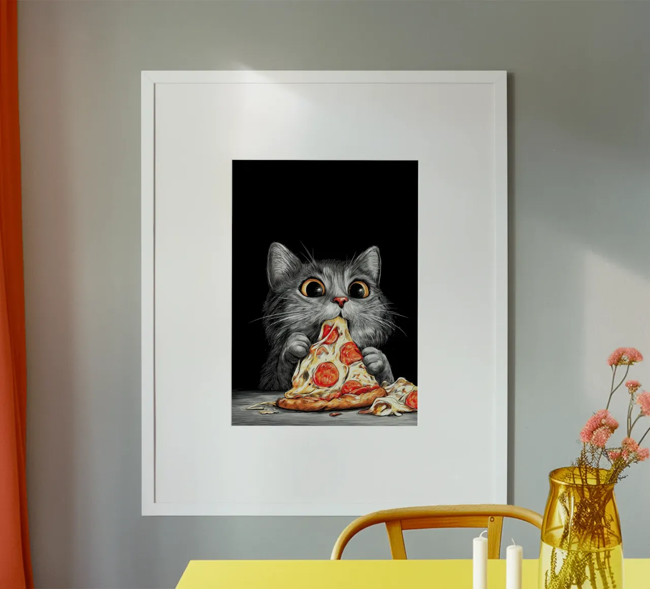 Cat Eats Pizza poster con telaio in alluminio da Fleur de Lys