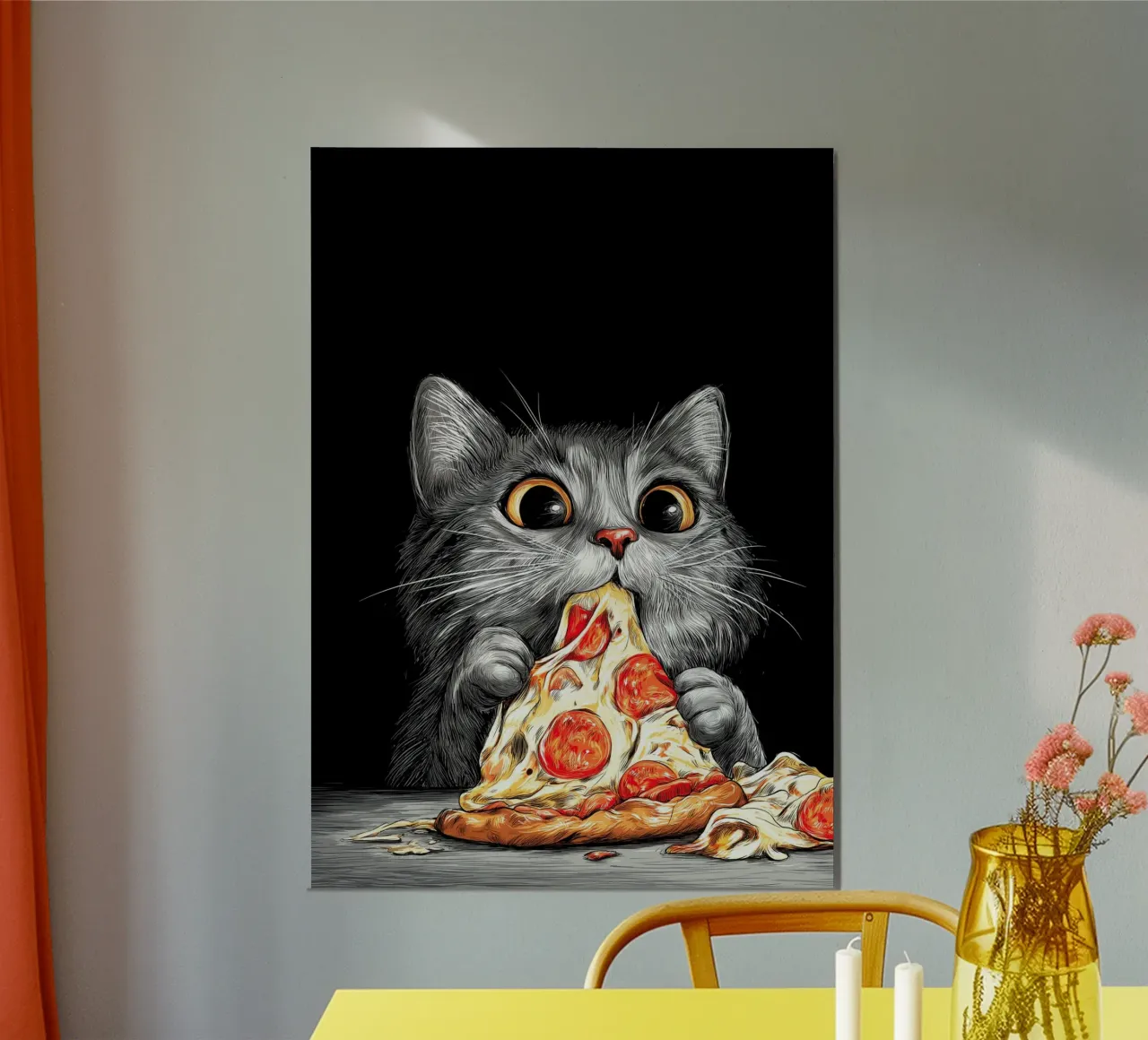 Cat Eats Pizza poster con telaio in alluminio da Fleur de Lys