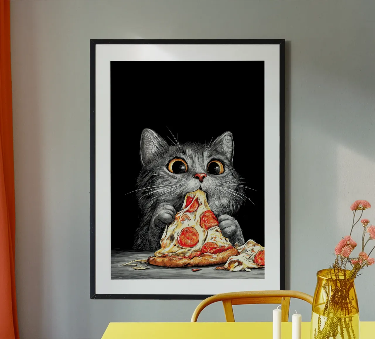 Cat Eats Pizza poster con telaio in alluminio da Fleur de Lys