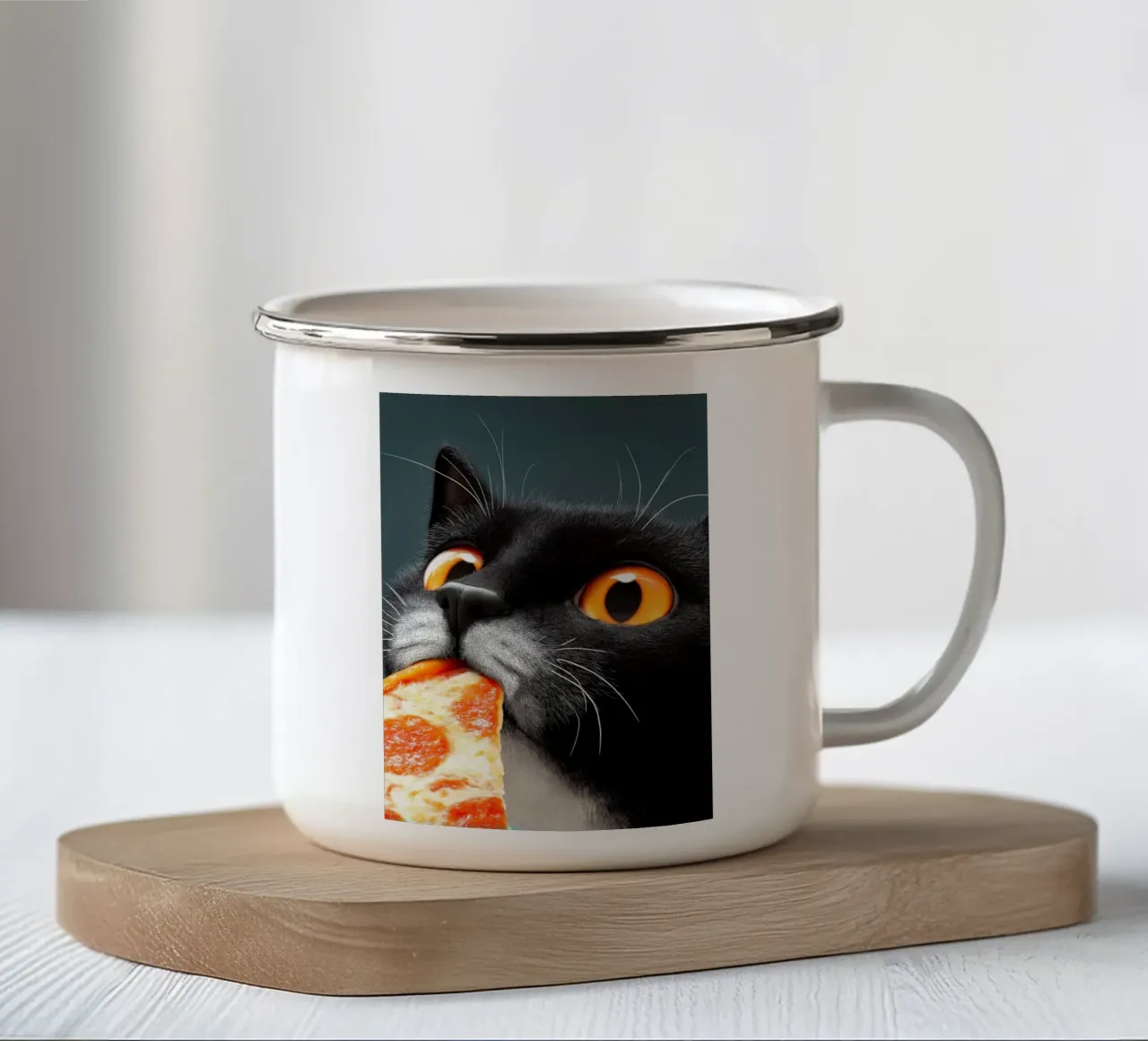 Cat Eats Pizza tazza in smalto da Fleur de Lys