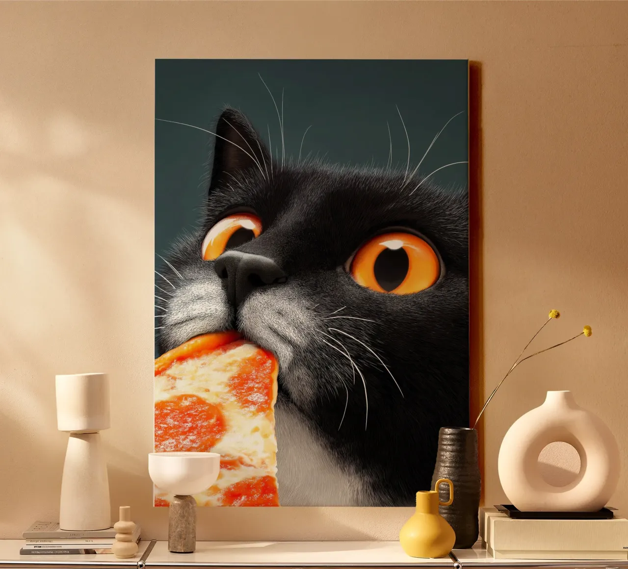 Kat eet pizza canvas met Baklijst van Fleur de Lys