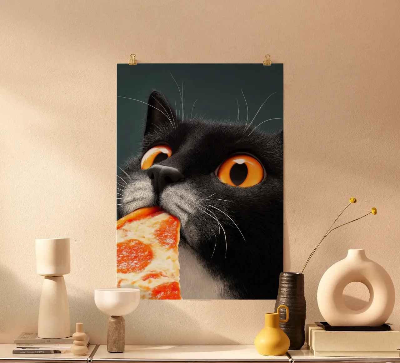 Cat Eats Pizza poster con telaio in alluminio da Fleur de Lys