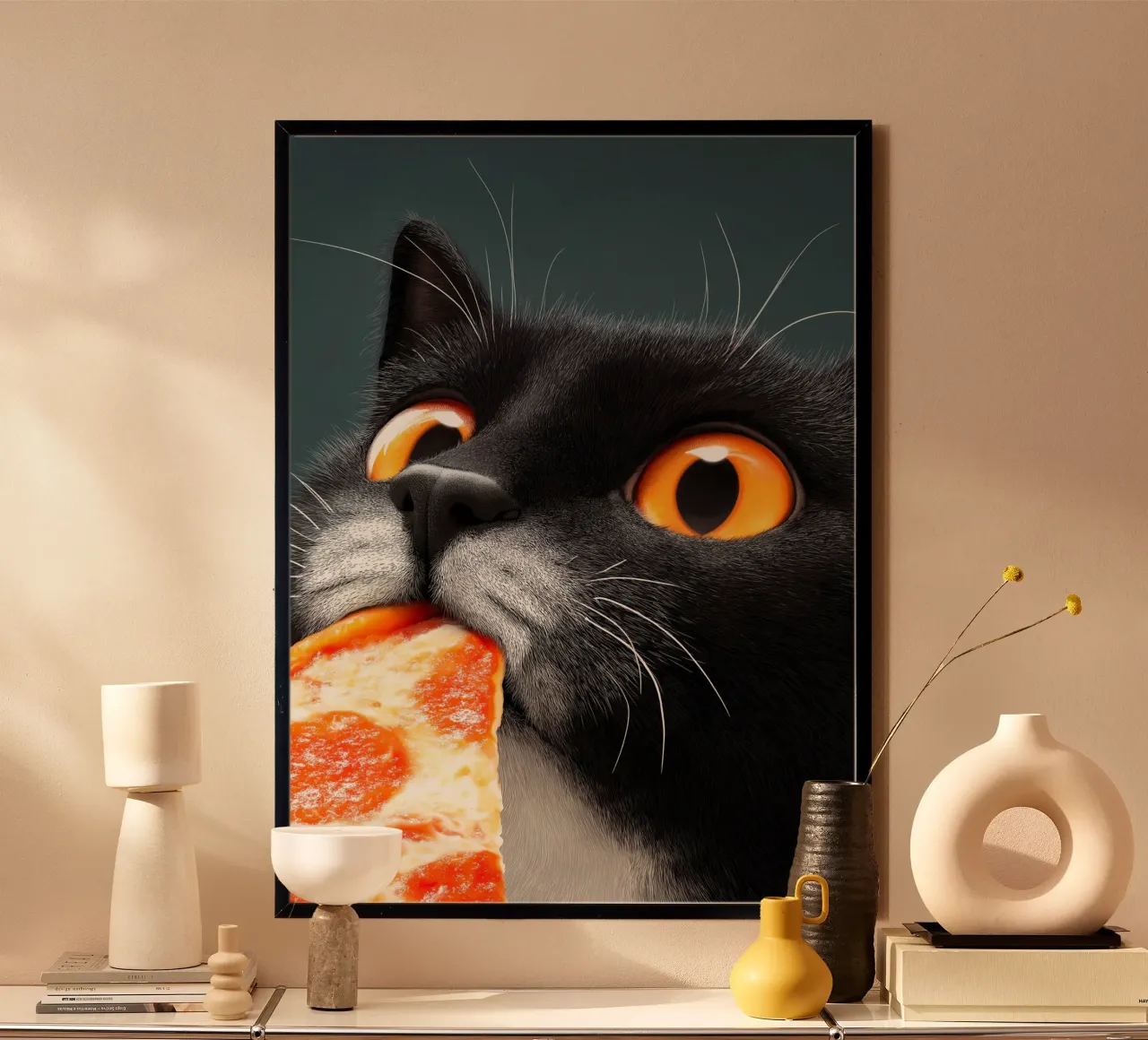 Cat Eats Pizza poster con telaio in alluminio da Fleur de Lys