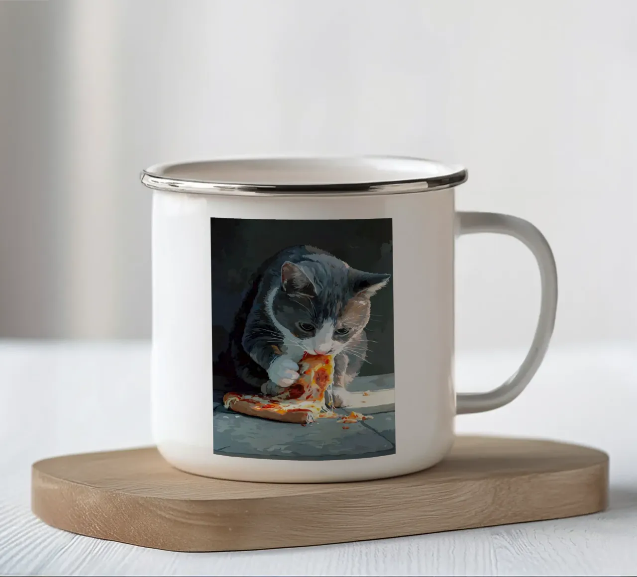 Cat Eats Pizza tazza in smalto da Fleur de Lys