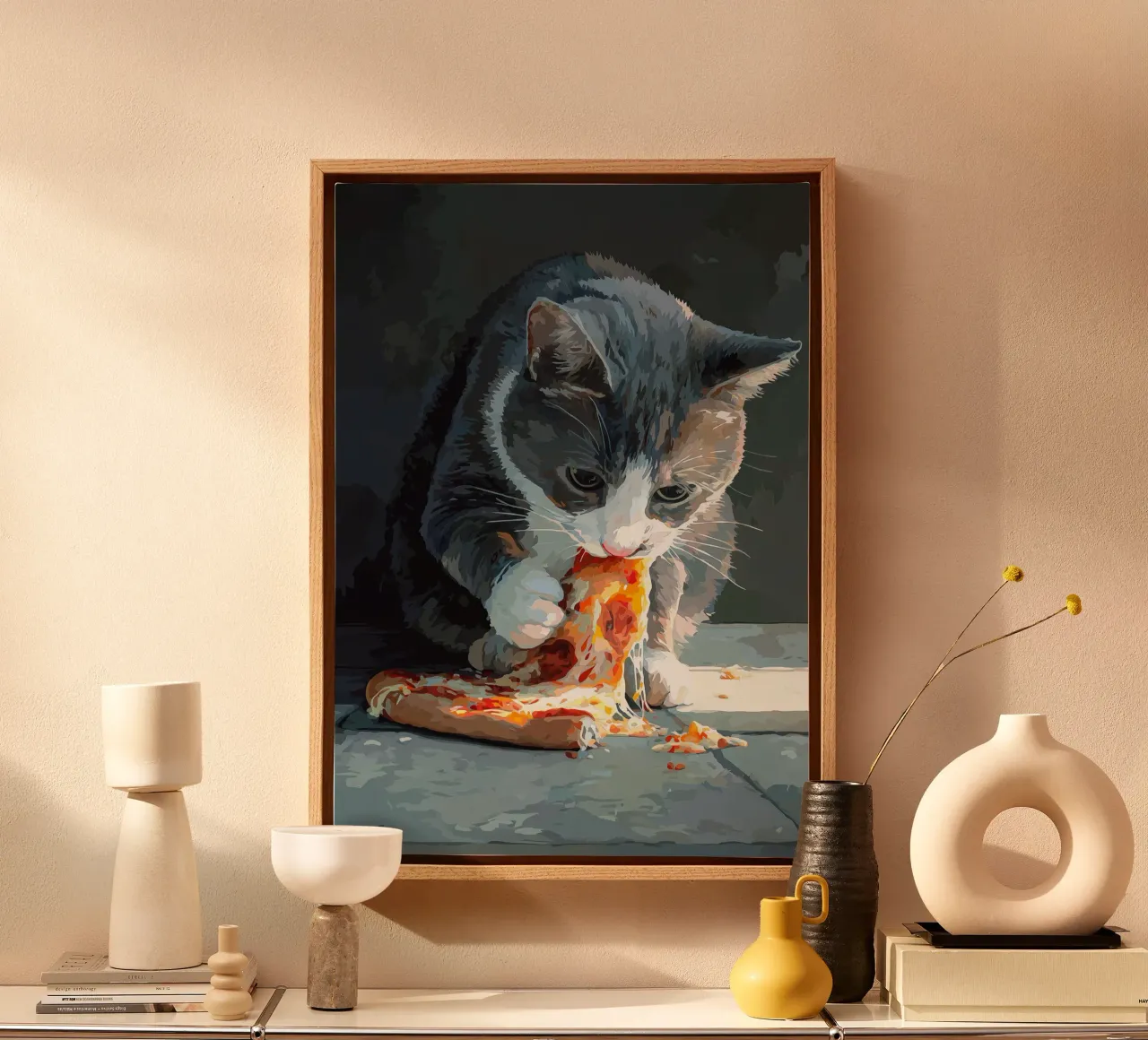 Kat eet pizza canvas met Baklijst van Fleur de Lys