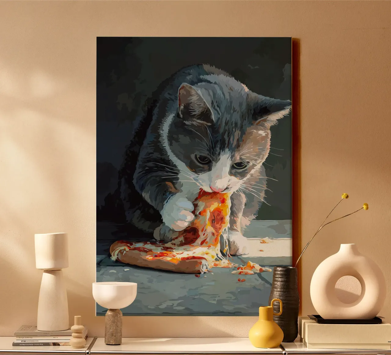 Kat eet pizza canvas met Baklijst van Fleur de Lys