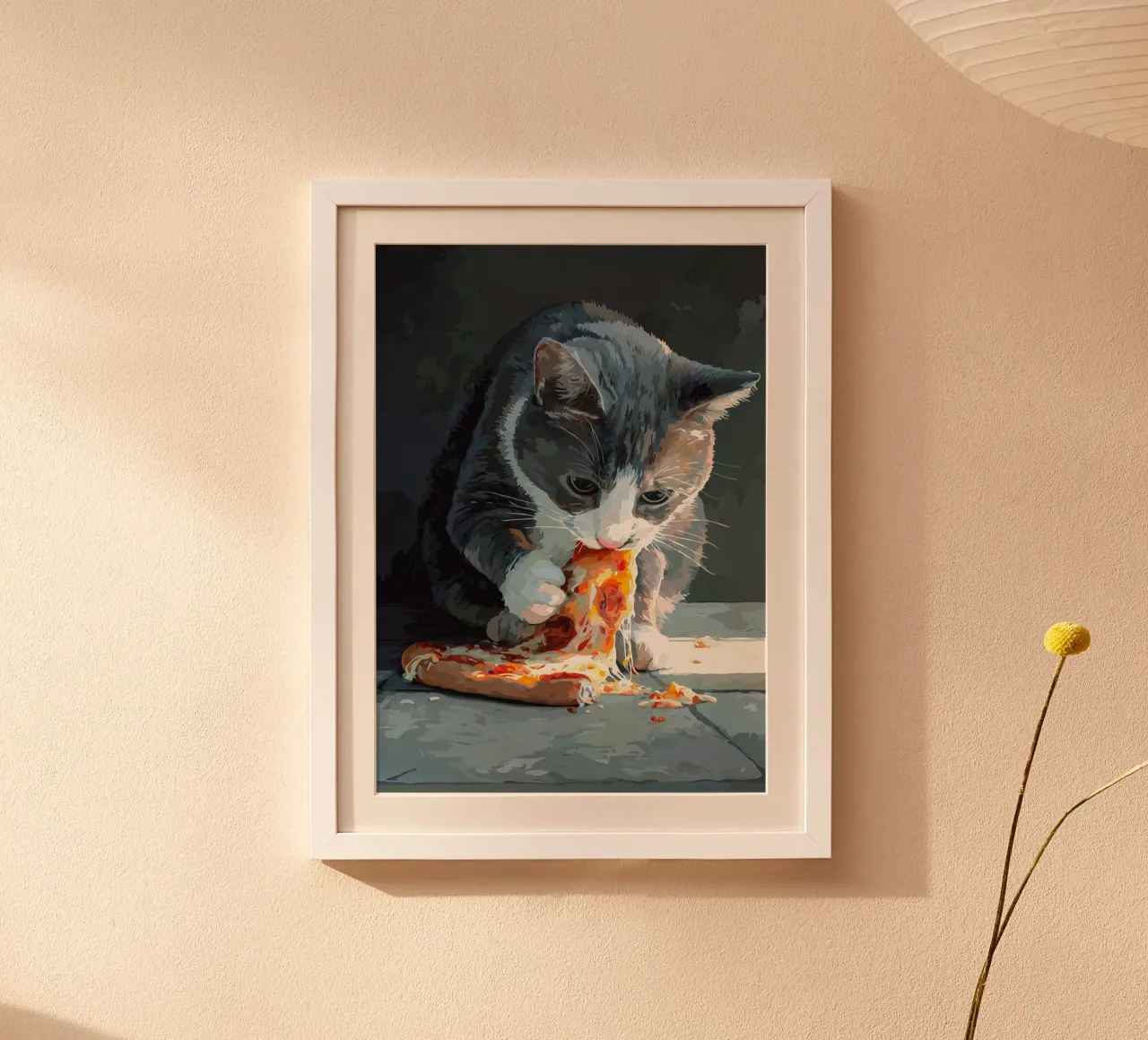 Cat Eats Pizza poster con telaio in legno da Fleur de Lys