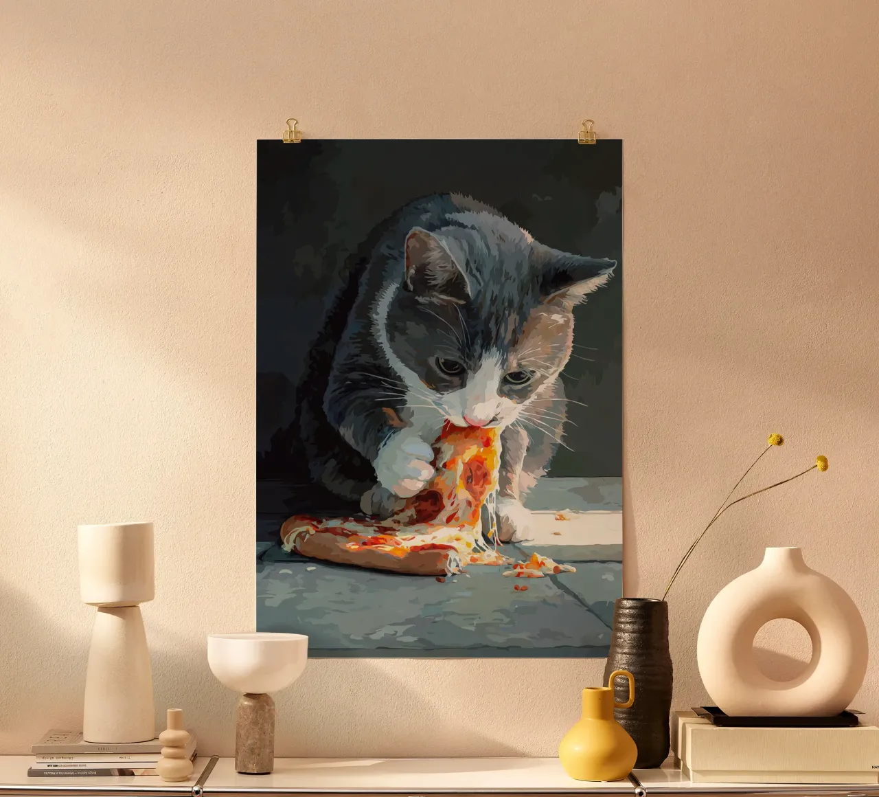 Cat Eats Pizza poster con telaio in legno da Fleur de Lys