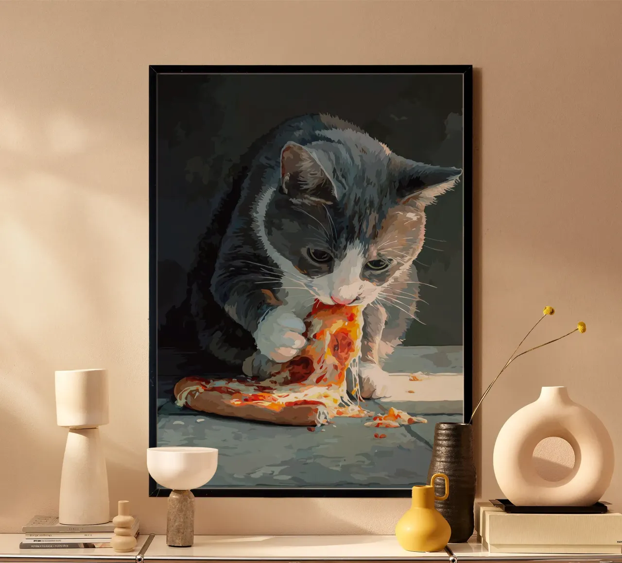 Cat Eats Pizza poster con telaio in legno da Fleur de Lys