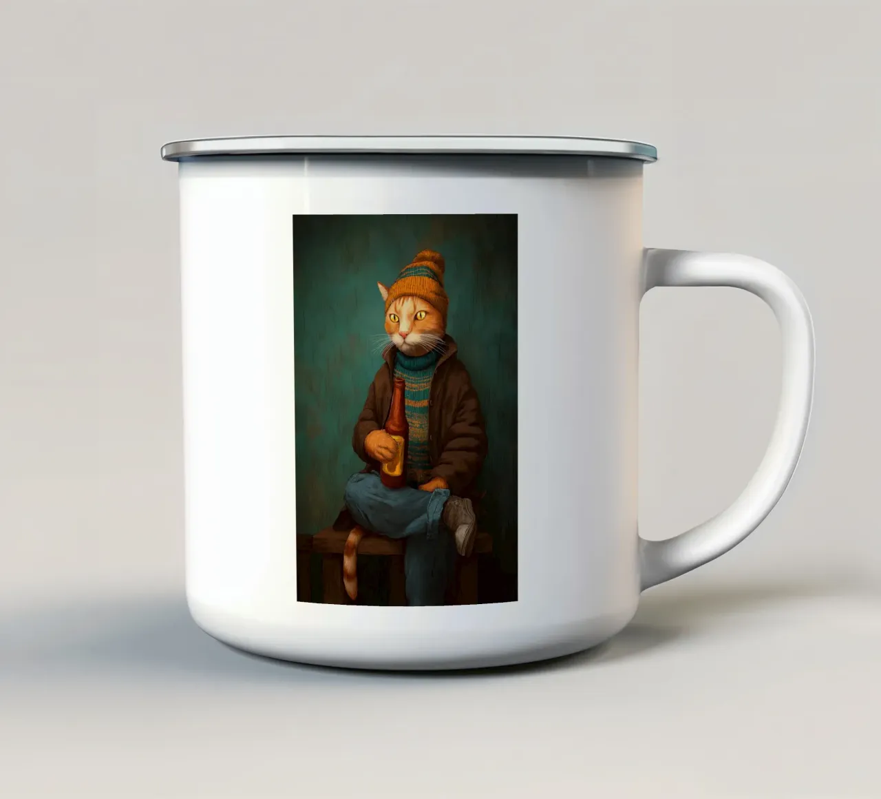 Il gatto beve birra tazza in smalto da Stellar Creative
