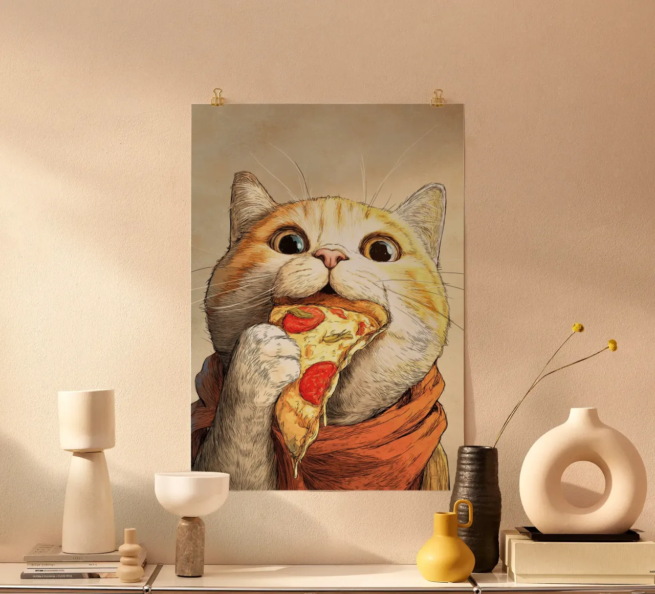 Cat Eats Pizza poster con telaio in alluminio da Stellar Creative