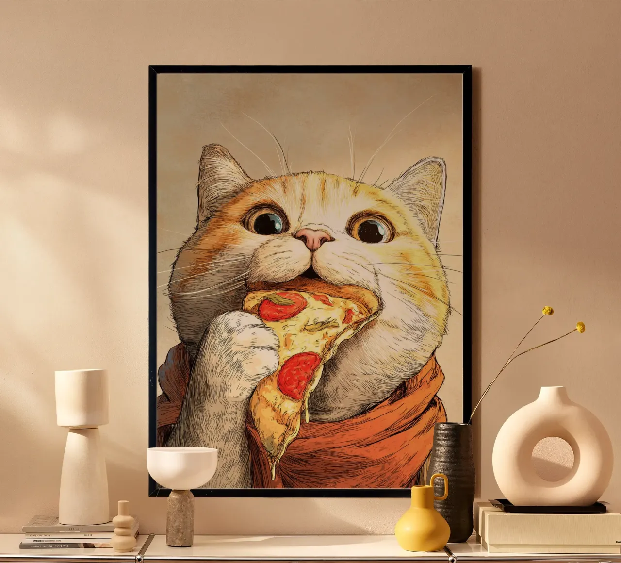 Cat Eats Pizza poster con telaio in alluminio da Stellar Creative