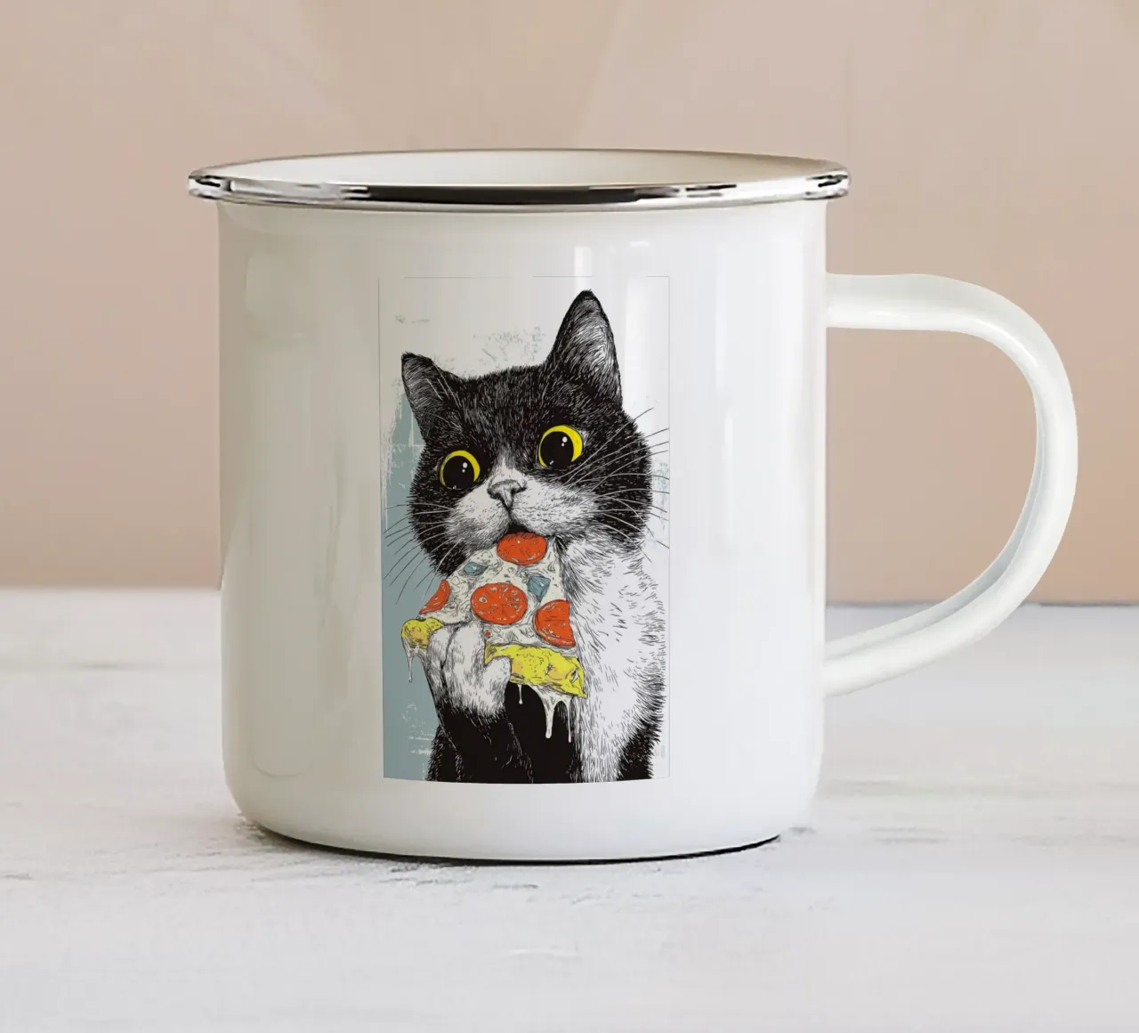 Cat Eats Pizza tazza in smalto da Stellar Creative
