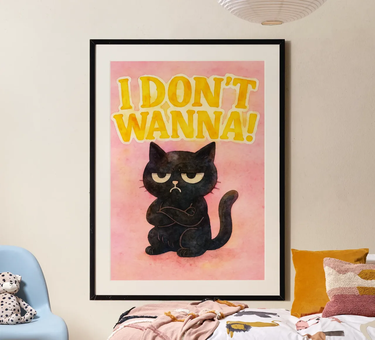 Non voglio disegnare parodie di gatti divertenti poster con telaio in legno da hexis