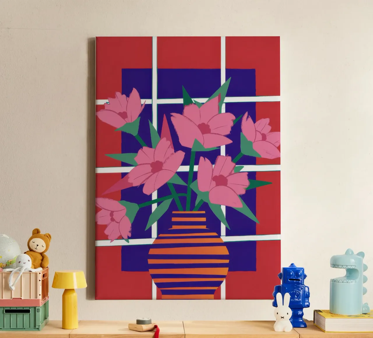 Raster geblokte roze bloemen canvas met Baklijst van Snow Mist