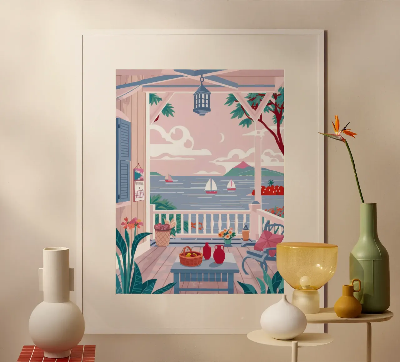Balcone sul mare poster con telaio in legno da Lyra Glaze