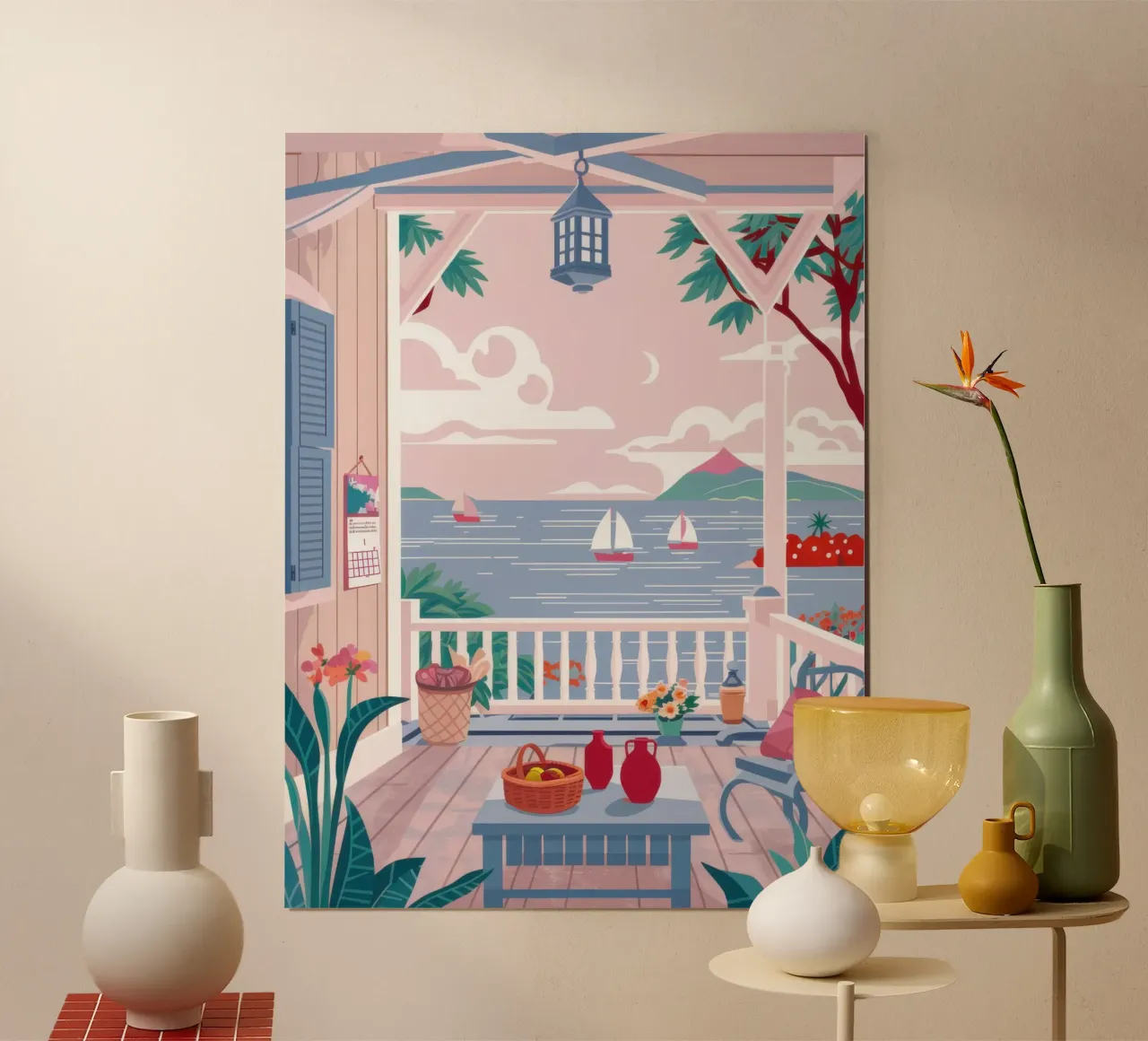 Balcone sul mare poster con telaio in legno da Lyra Glaze