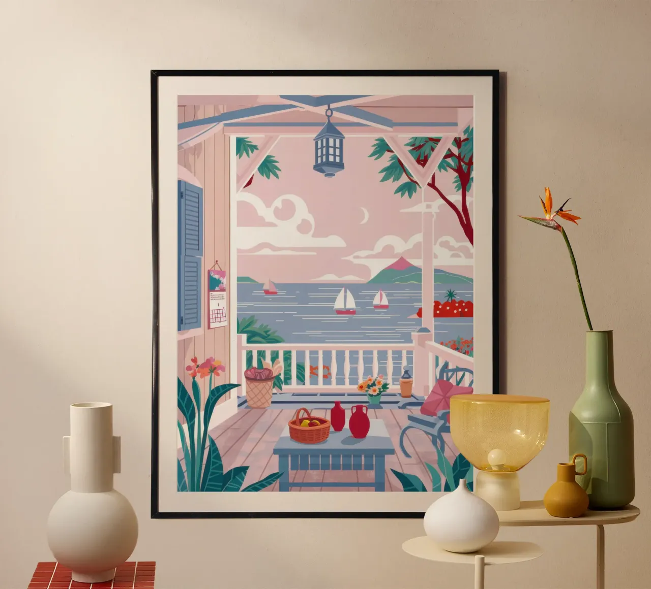 Balcone sul mare poster con telaio in legno da Lyra Glaze
