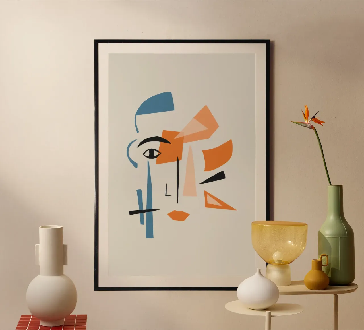 Minimalistische gezichtsdeconstructie poster met houten frame van Snow Mist