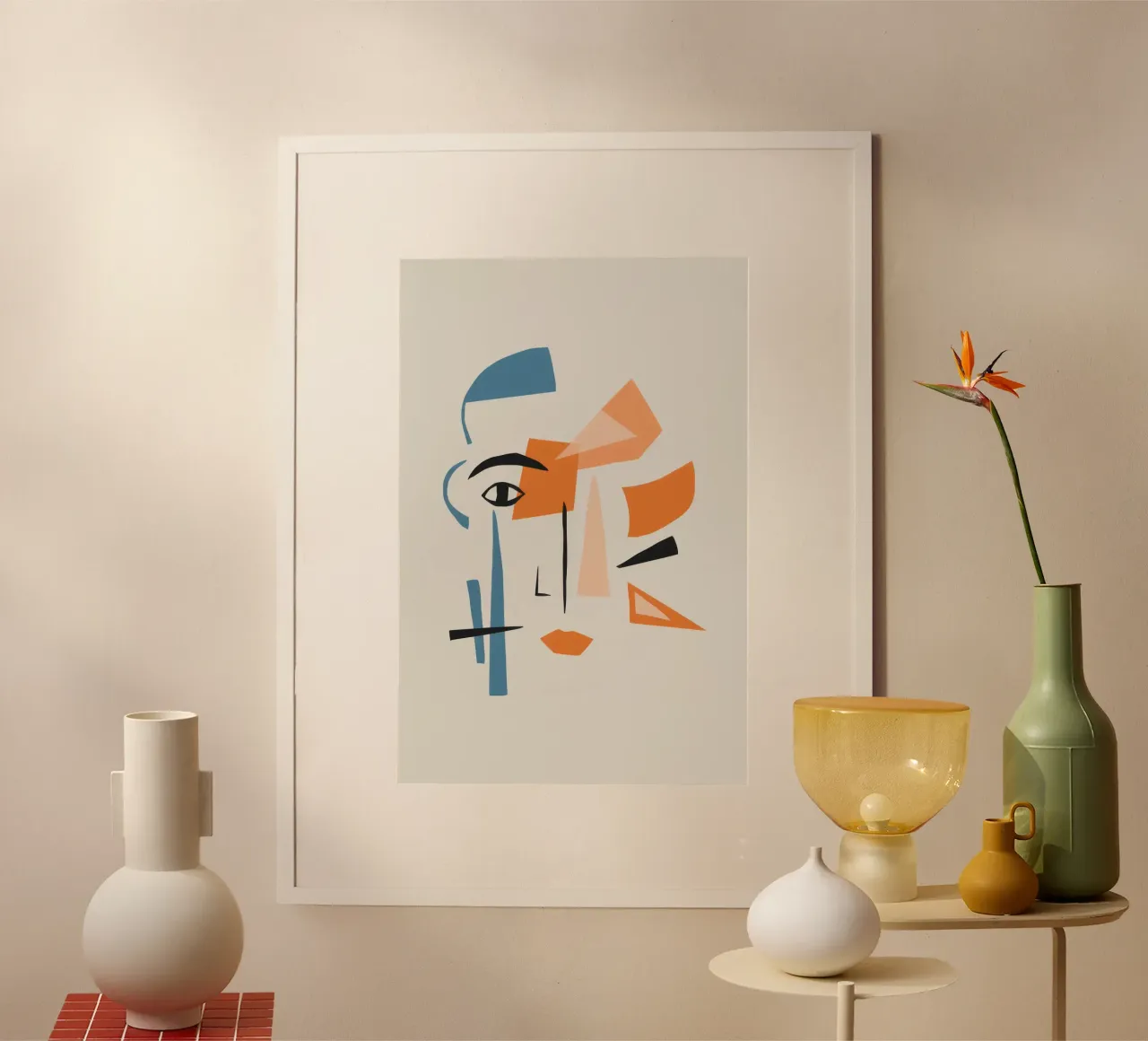 Minimalistische gezichtsdeconstructie poster met houten frame van Snow Mist