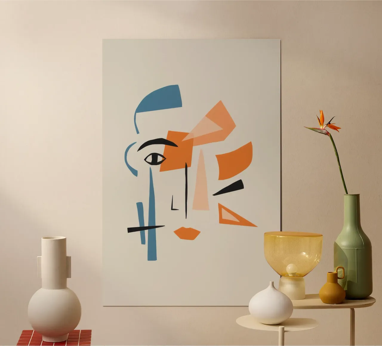 Minimalistische gezichtsdeconstructie poster met houten frame van Snow Mist
