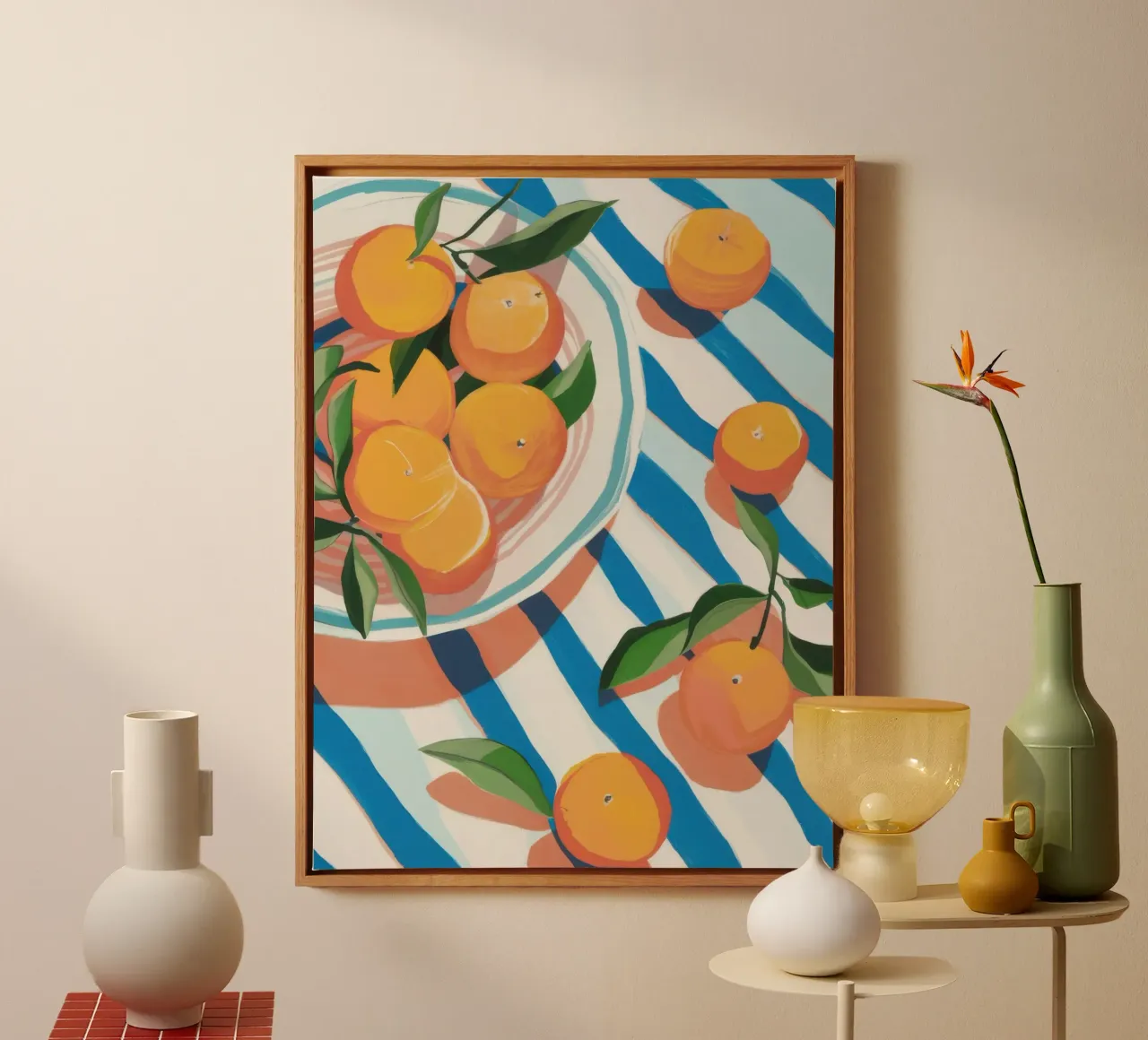 Oranges on Stripes canvas with Floater frame by Astra Mist