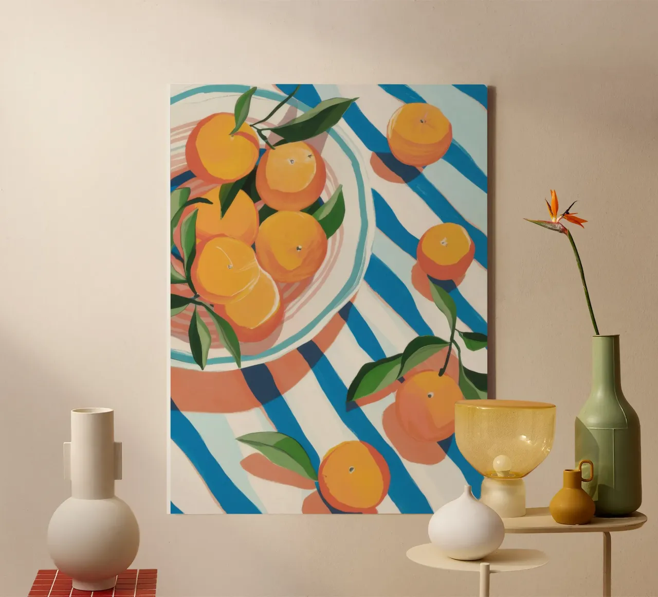 Oranges on Stripes canvas with Floater frame by Astra Mist
