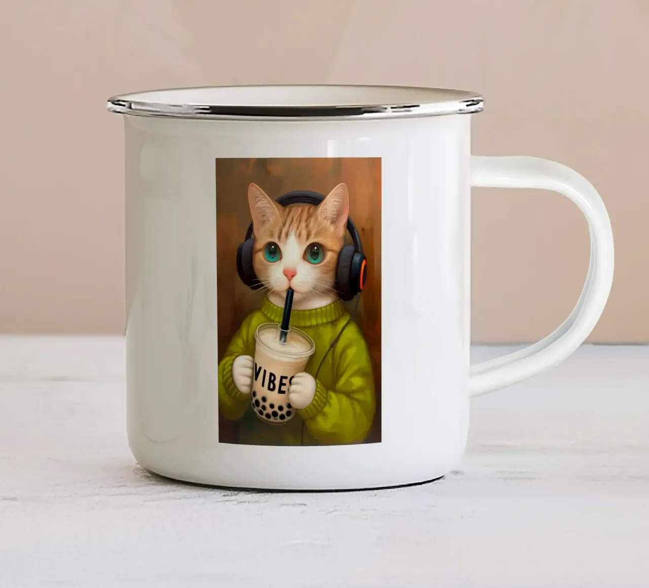 Il gatto beve il bubble tea tazza in smalto da Fleur de Lys