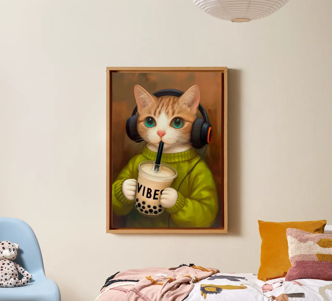 Il gatto beve il bubble tea tela con Cornice a cassetta da Fleur de Lys