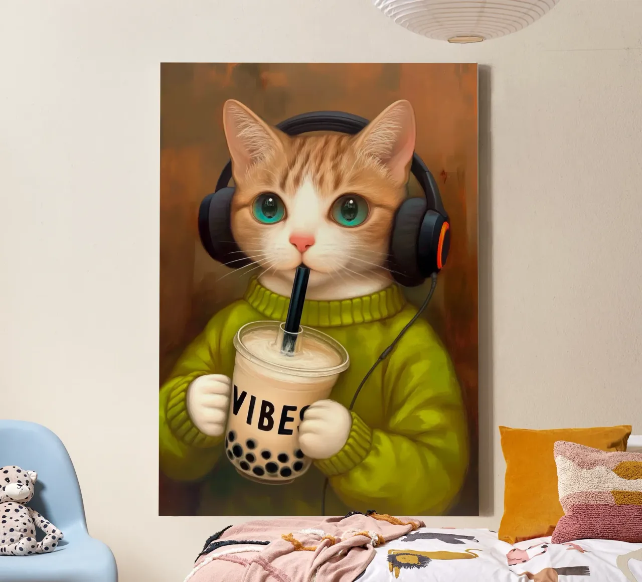 Il gatto beve il bubble tea tela con Cornice a cassetta da Fleur de Lys