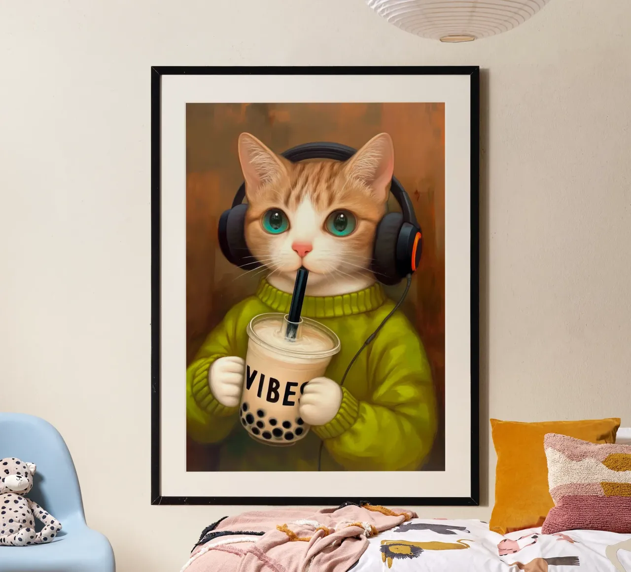 Il gatto beve il bubble tea poster con telaio in plastica da Fleur de Lys