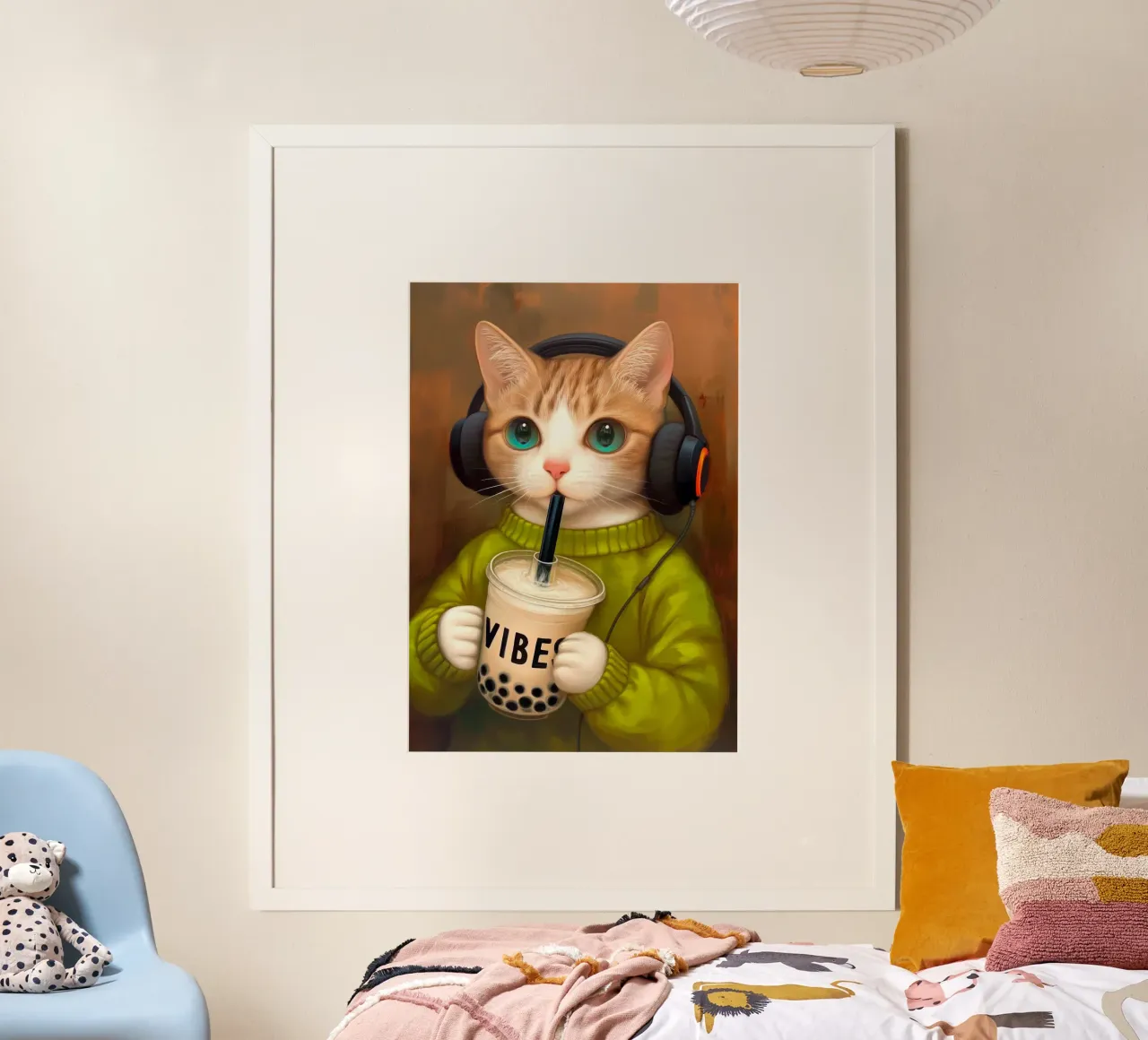 Il gatto beve il bubble tea poster con telaio in plastica da Fleur de Lys