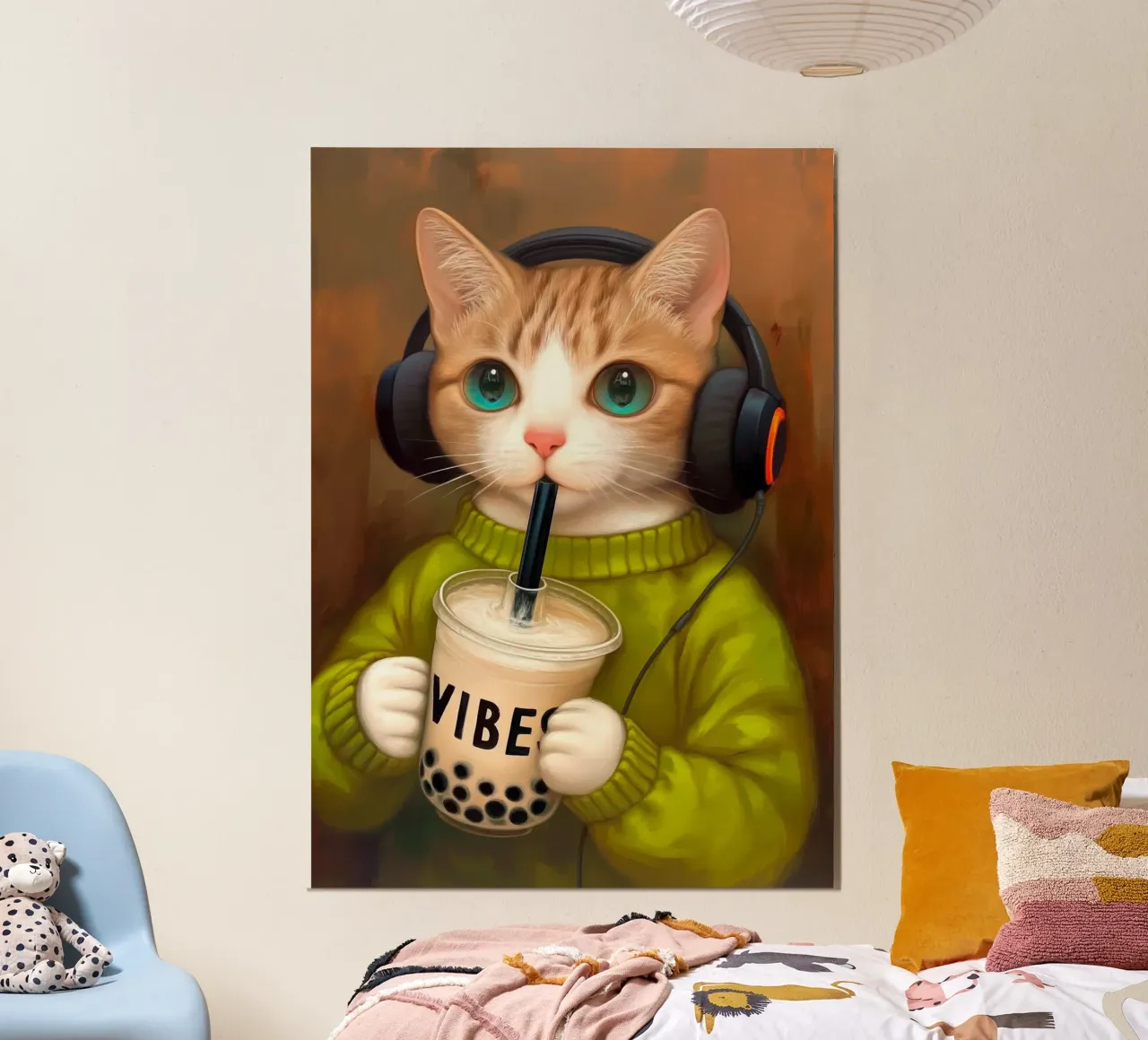 Il gatto beve il bubble tea poster con telaio in plastica da Fleur de Lys