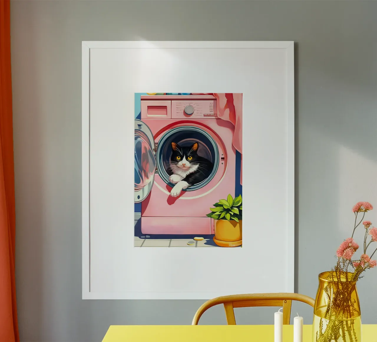 Gezellige kat in wasmachine poster met houten frame van Fleur de Lys
