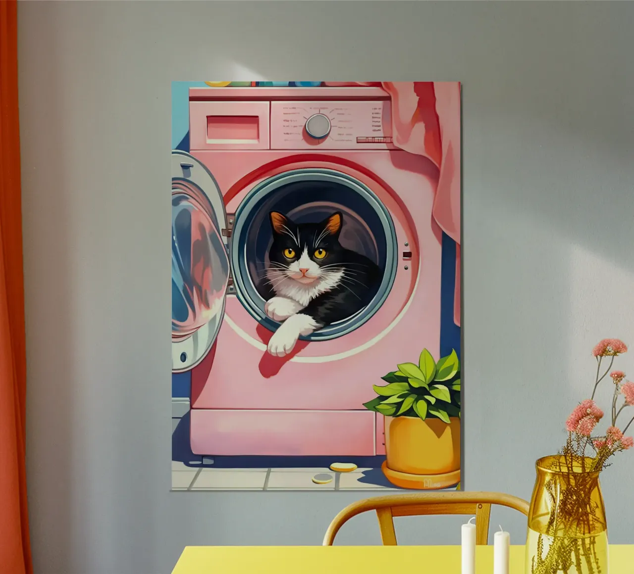Gezellige kat in wasmachine poster met houten frame van Fleur de Lys