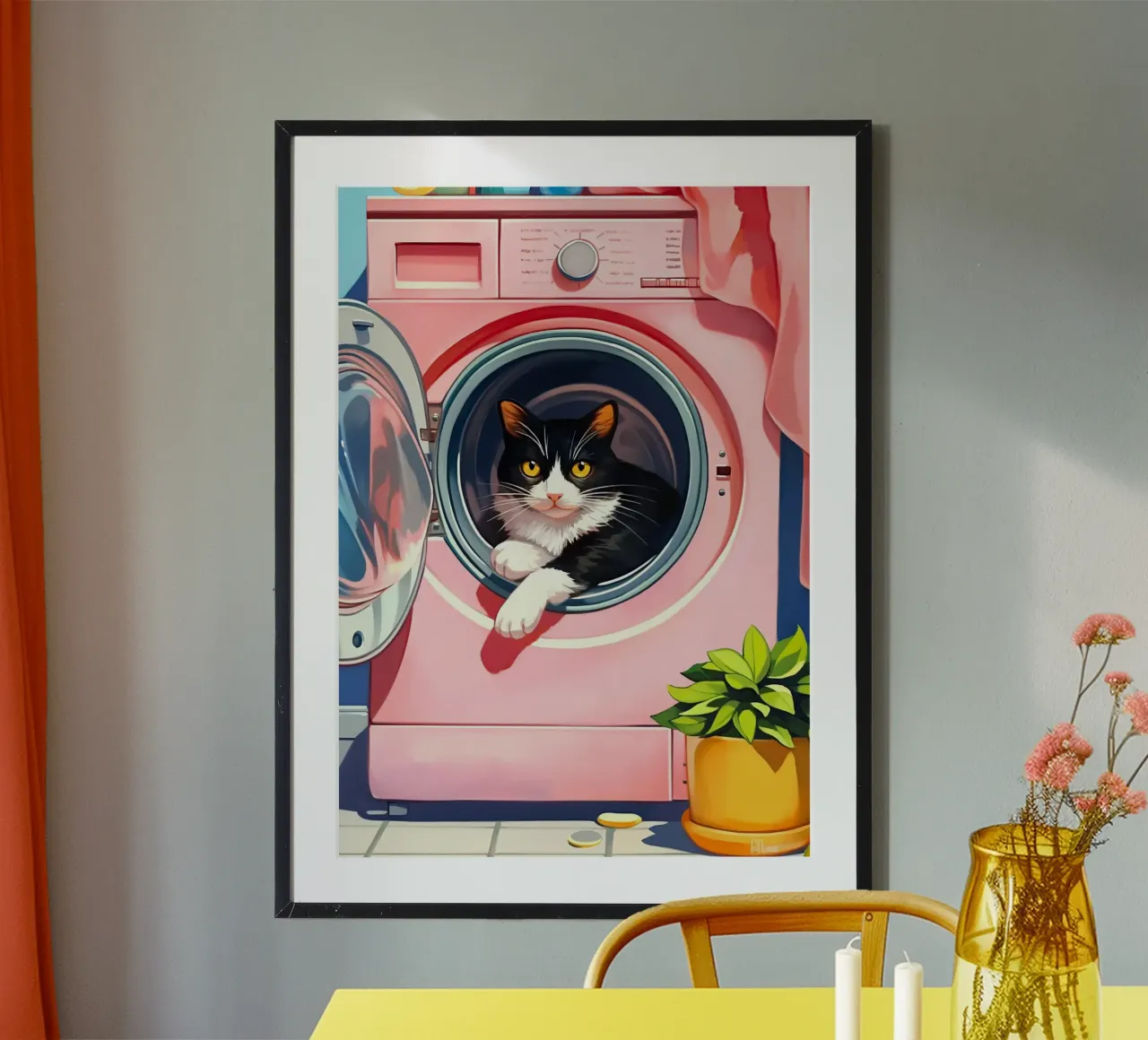 Gezellige kat in wasmachine poster met houten frame van Fleur de Lys