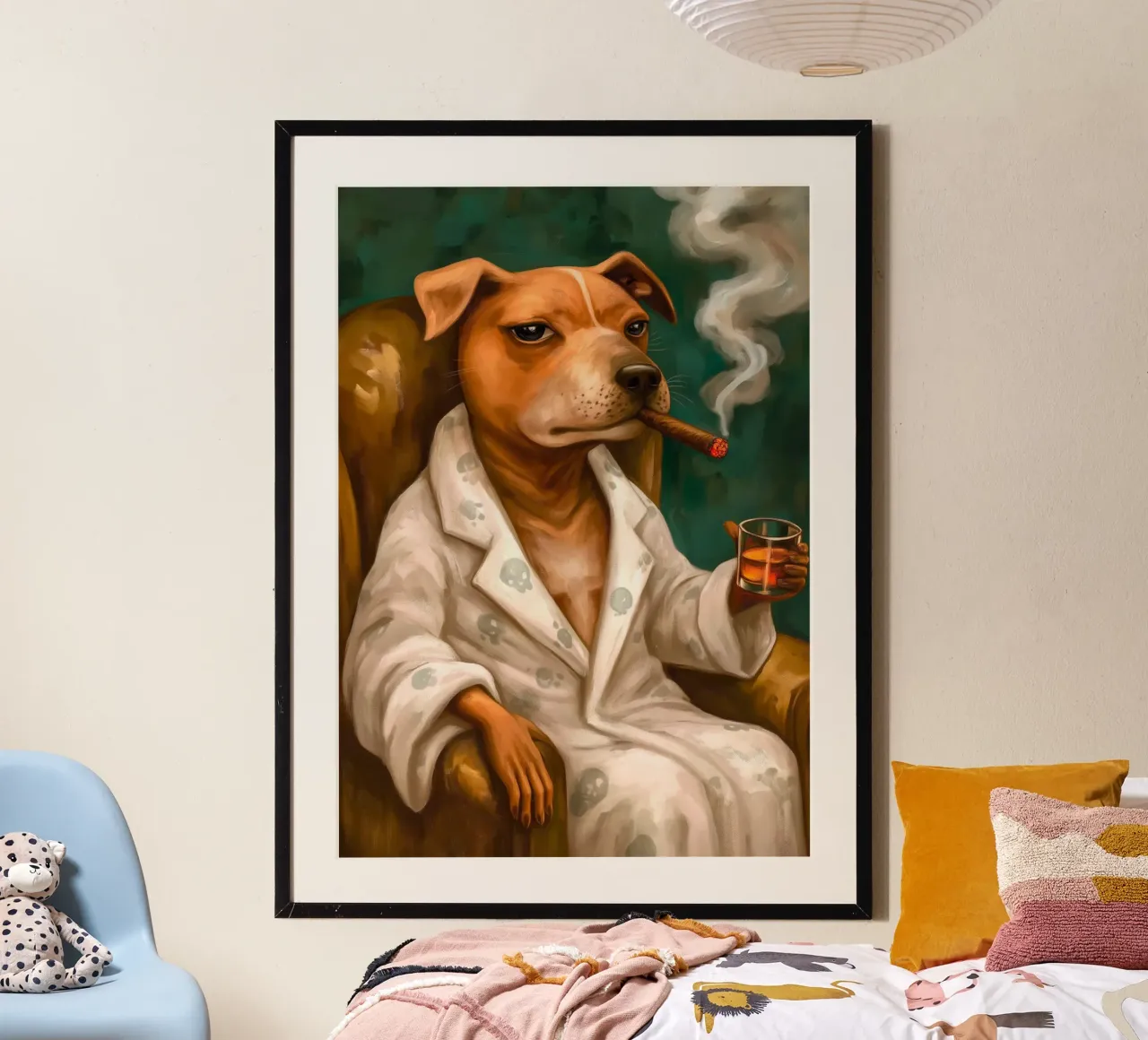 Cane in accappatoio che fuma il sigaro su una poltrona poster con telaio in legno da Fleur de Lys
