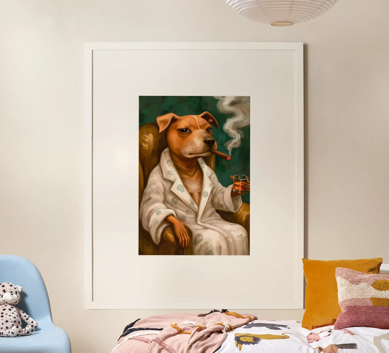 Cane in accappatoio che fuma il sigaro su una poltrona poster con telaio in legno da Fleur de Lys