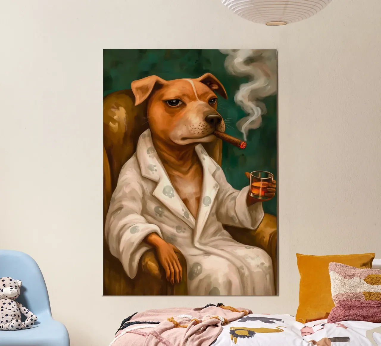 Cane in accappatoio che fuma il sigaro su una poltrona poster con telaio in legno da Fleur de Lys
