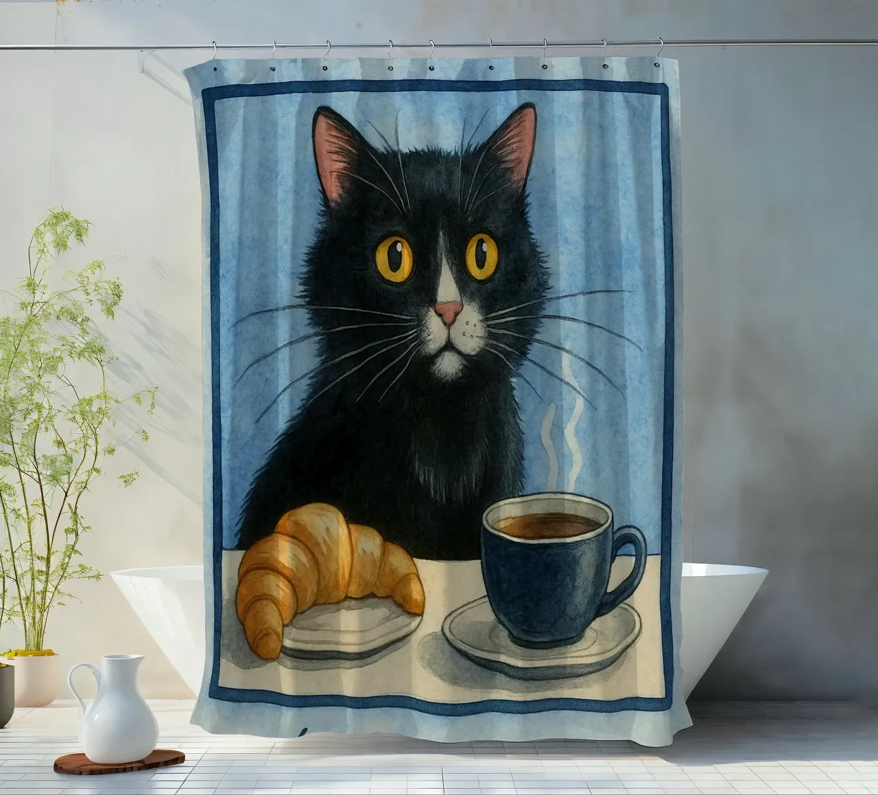 caffè mattutino e gatto in compagnia tenda da doccia da hexis