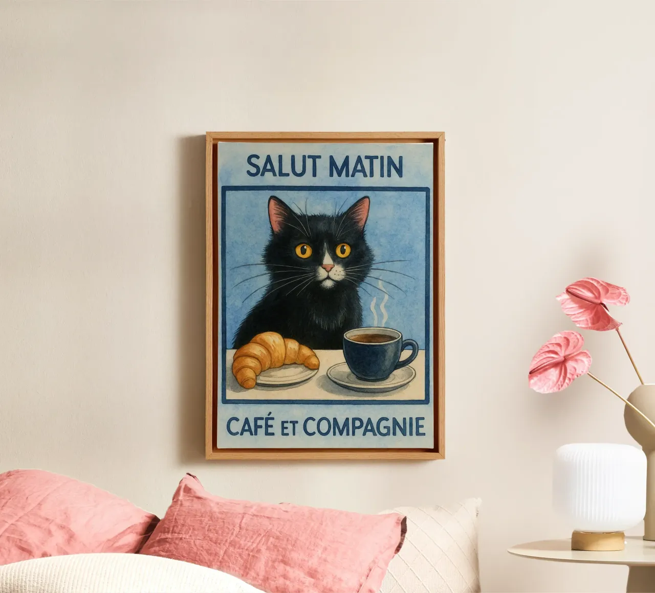 caffè mattutino e gatto in compagnia tela con Cornice a cassetta da hexis