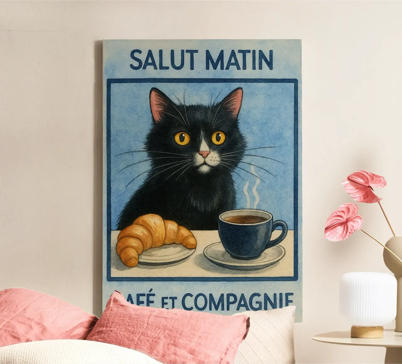 caffè mattutino e gatto in compagnia tela con Cornice a cassetta da hexis