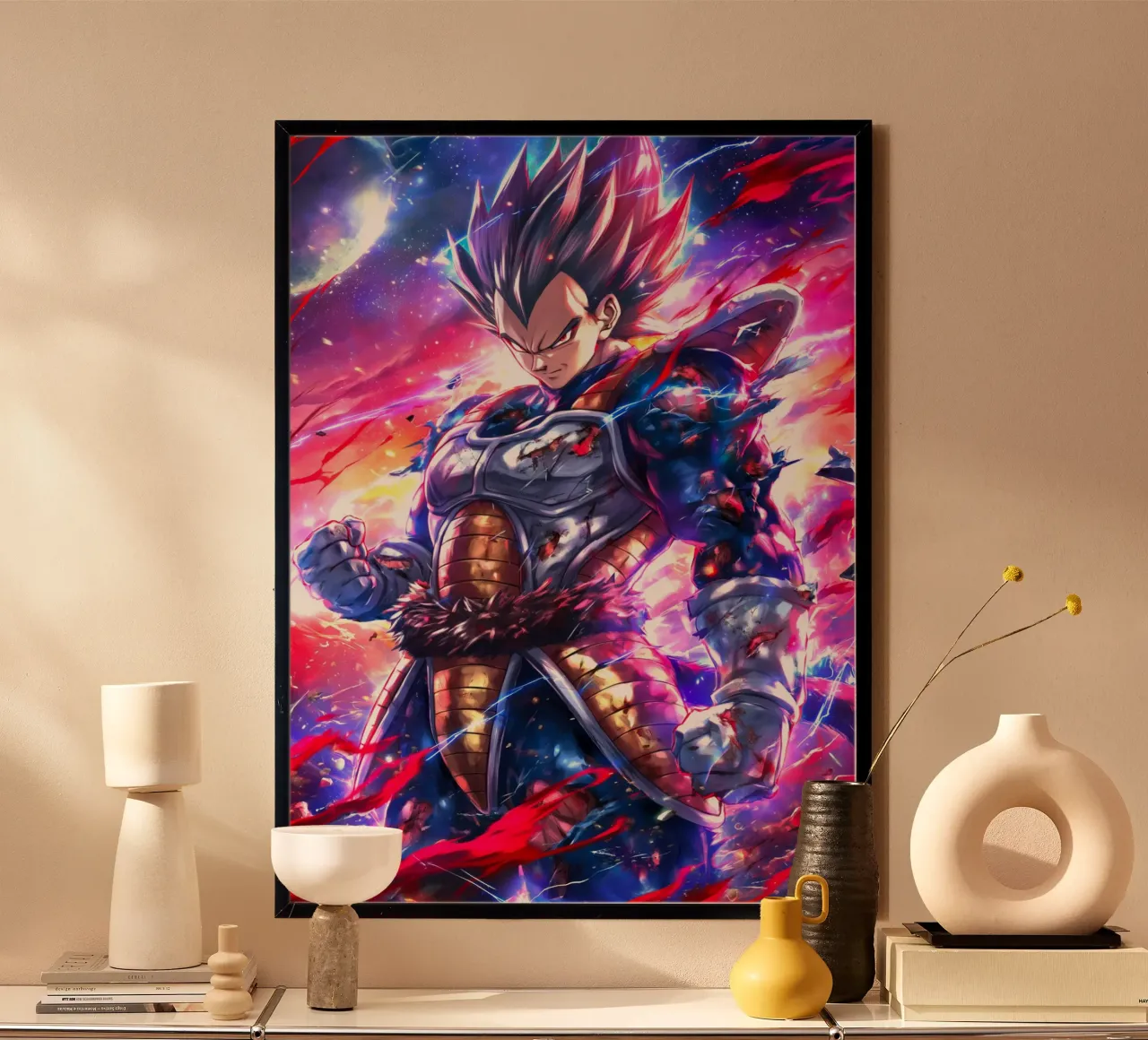 Super Saiyan Prinz Vegeta Dragon Ball Poster mit Holzrahmen von Stellar Creative