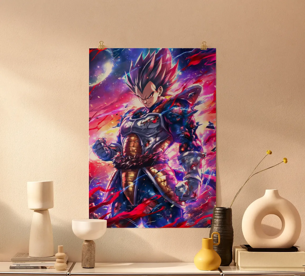 Super Saiyan Prinz Vegeta Dragon Ball Poster mit Holzrahmen von Stellar Creative