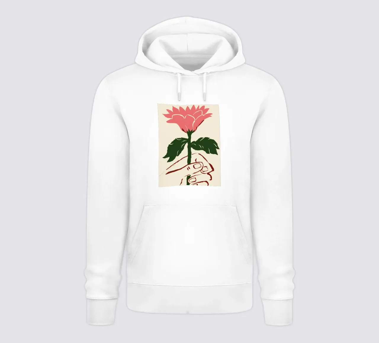 Mano che tiene un fiore rosa felpa con cappuccio da Lyra Glaze