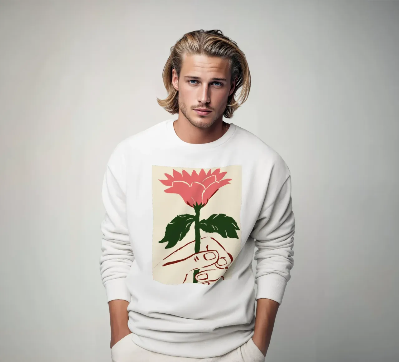 Hand met roze bloem sweatshirt van Lyra Glaze