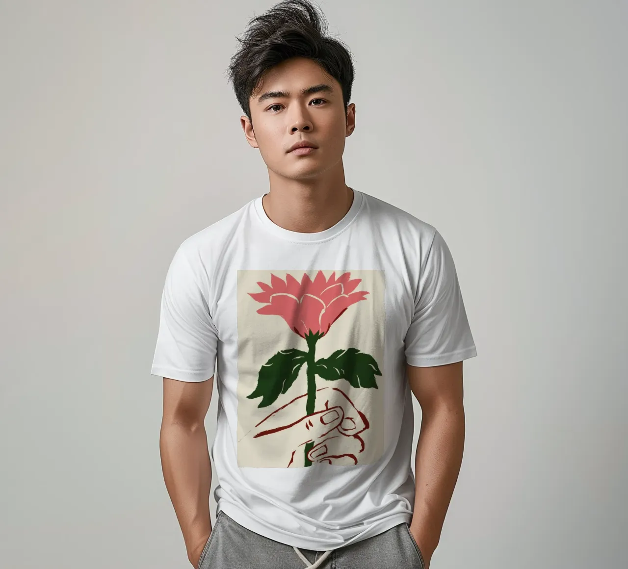 Mano che tiene un fiore rosa t-shirt da Lyra Glaze