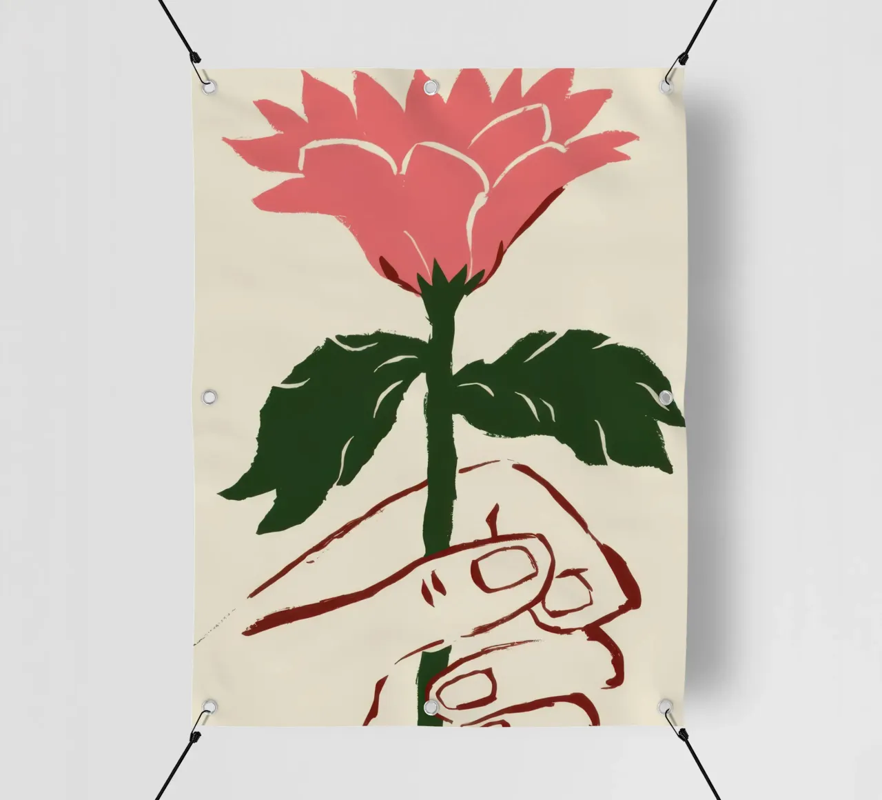 Mano che tiene un fiore rosa telo in pvc da Lyra Glaze