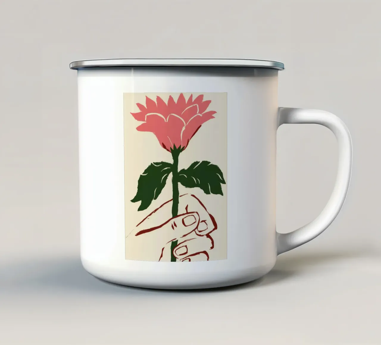 Mano che tiene un fiore rosa tazza in smalto da Lyra Glaze